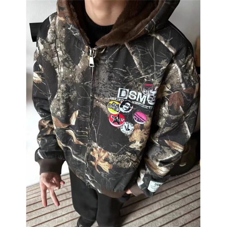 连帽牛仔棉服男女重磅迷彩树枝座山雕加绒加厚夹克外套 JK64图片