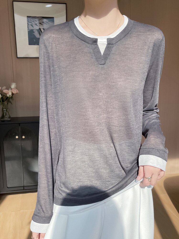 长袖针织打底衫女新薄款宽松上衣POLO领,针织衫/毛衣,绒宛羊绒