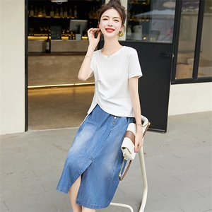 时髦牛仔裙裤女夏季2025新款后松紧腰显瘦过膝a字半身裙图片