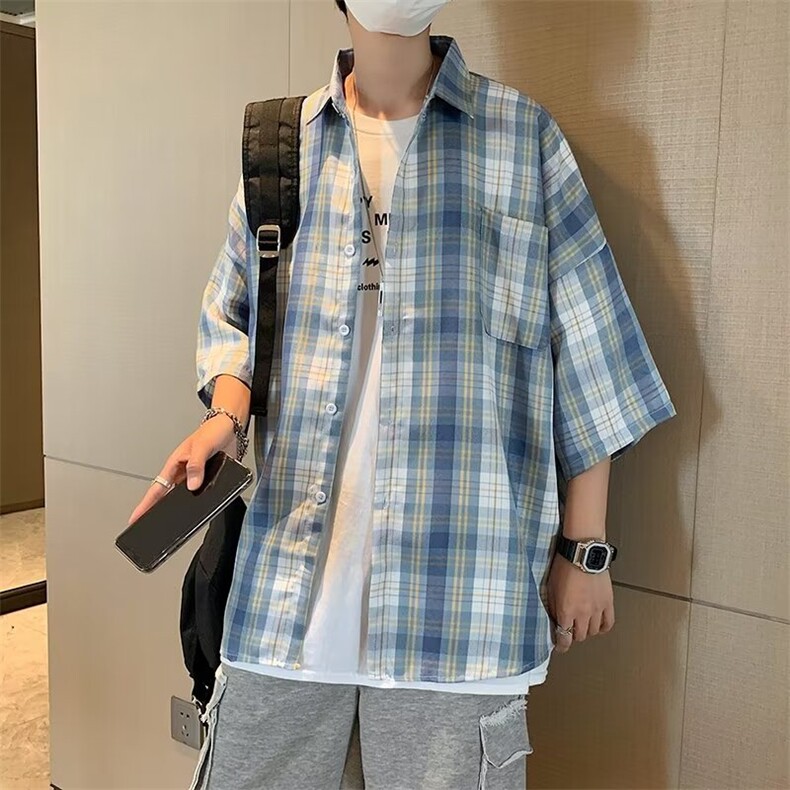 夏季宽松格子衬衫短袖上衣时尚潮牌C330p33,男装衬衫,星座1013