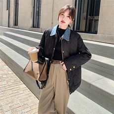 黑色菱格羽绒棉服女2024冬宽松韩版洋气超好看拼接翻领牛仔小棉袄，女装棉衣/棉服，C位