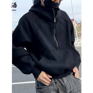 美式解构半拉链卫衣男小众设计纯色连帽外套秋季硬挺上衣 W03图片
