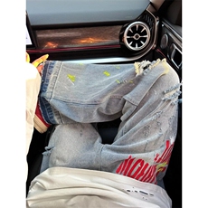 美式高街复古水洗刺绣破洞牛仔裤男女宽松设计感时髦阔腿长裤潮牌，男装牛仔裤，星座410-7