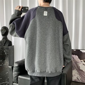 2021冬季新日系港风短句大码男宽松圆领拼接加绒加厚卫衣W653-P40图片
