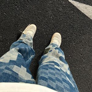 马赛克棋盘格直筒牛仔裤男美式高街vibe痞帅微喇裤子 NK35-P45图片