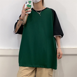 夏季主推拼接落肩港风大码宽松情侣休闲学生班服T恤圆领重磅260图片