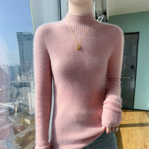 无缝一线抽条山羊绒衫软糯亲肤修身内搭女秋冬羊毛打底半高领毛衣图片
