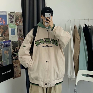 春秋季日系潮流港风假两件字母棒球服外套情侣连帽工装夹克男上衣图片