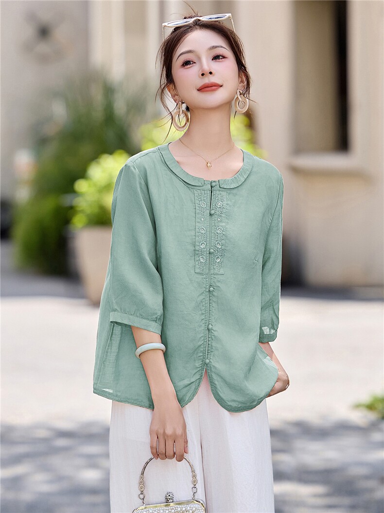 长期有货2026夏季新款天丝苎麻衬衫女中年妈妈宽松圆领中袖T恤女,女装衬衫,璐依舞