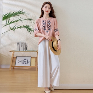 现货套装女贵夫人新款2025夏季刺绣高级感复古天丝棉麻短袖两件套图片