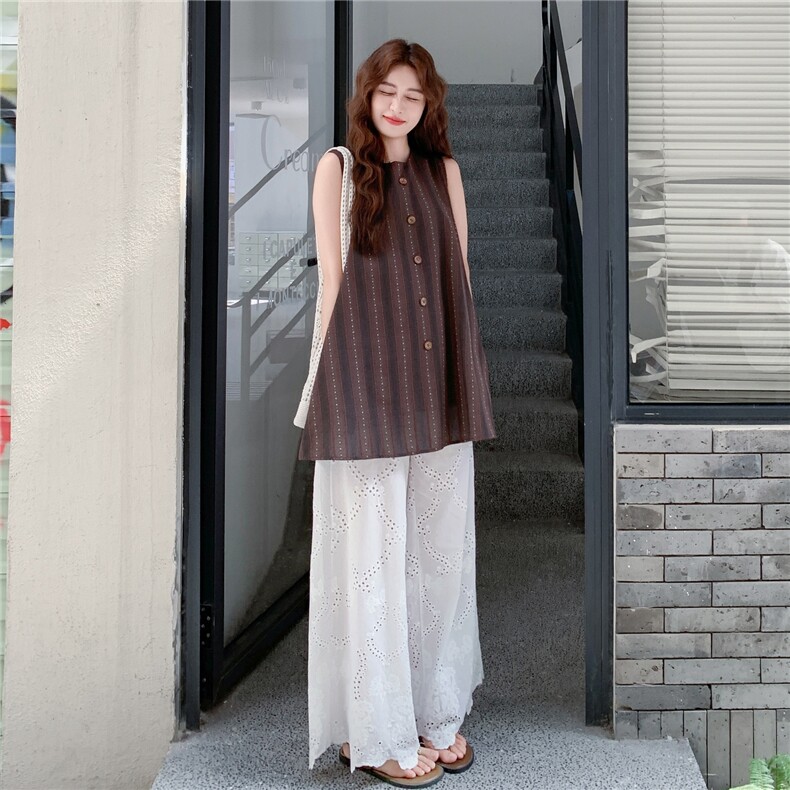 法式复古条纹无袖衬衫阔腿裤套装女2025夏季新款显瘦超好看两件套,女装套装/套裙,2C167