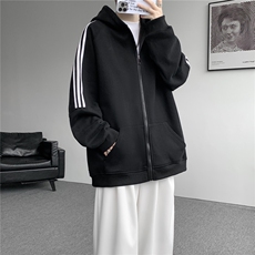 8XL-M秋冬美式运动三条杠条纹开衫卫衣连帽特大码宽松JK5206/P65，男装卫衣，电商B238