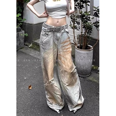 WE1600-P52涂鸦破洞阔腿牛仔裤女夏季ins高腰显瘦宽松薄款直筒，男装牛仔裤，电商B323A