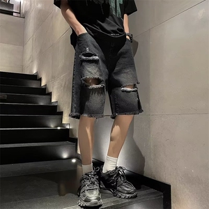 日系夏季高街毛边破洞牛仔短裤男韩版潮流宽松五分裤DK02108-P35图片