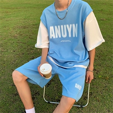 夏季篮球运动服一套搭配假两件华夫格短袖短裤套装男T1294-P42，男装T恤，星座512-2