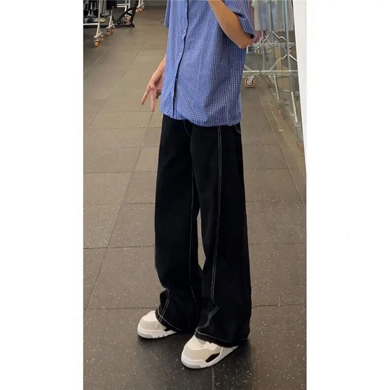 美式丹宁水洗黑色牛仔裤男春秋新款宽松高街直筒弯刀裤WL4377-P37,男装牛仔裤,星座1008