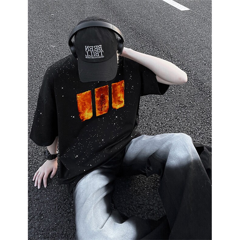 可48小时发货支持抖音得物来样二开美式满天星亮片短袖T恤MTX632,男装T恤,电商A486