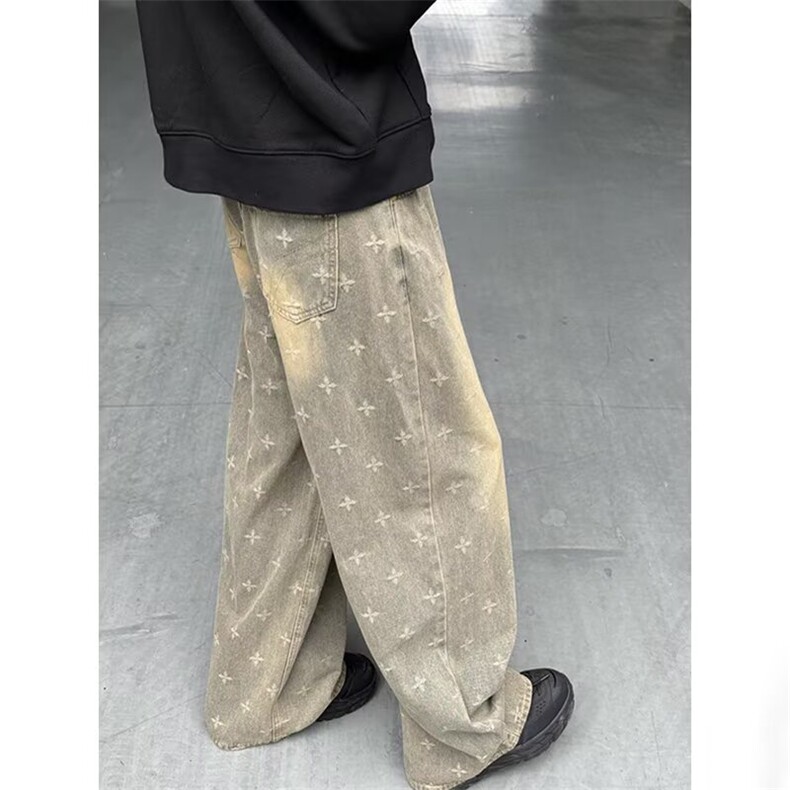 复古阔腿牛仔裤男2025春秋季新款高腰宽松显瘦水洗做旧直筒裤子,男装牛仔裤,星座1210-1