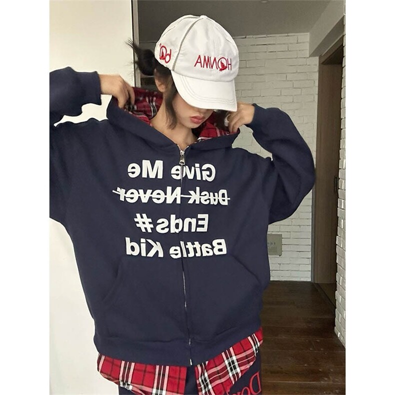 格子拼接开衫卫衣男款美式高街重磅连帽衫oversize春秋假两件外套图片
