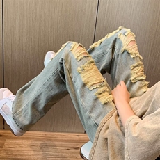 黄泥染破洞牛仔裤男直筒宽松欧美vibe裤子高街美式复古做旧乞丐裤，男装牛仔裤，星座601-1