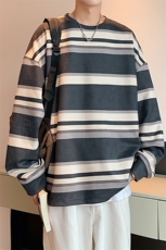 港风麂皮绒圆领条纹拼接卫衣男宽松长袖T恤打底衫Y5531P45，男装T恤，星座1204-3