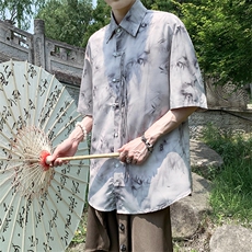 新中式2024衬衫短袖风竹叶水墨画花大码CS33-P65-控88，男装衬衫，电商A021