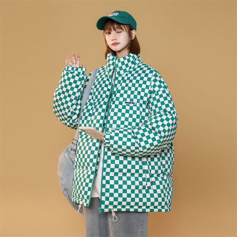 美式高街棋盘格子立领面包服男女情侣装棉服外套班服M0758-P98,男装棉衣,星座308B-1