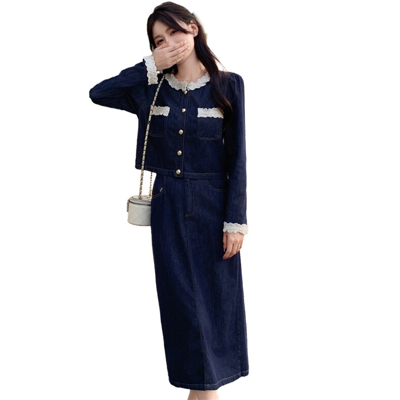 时尚休闲套装春秋新款女装气质小香风长裙两件套设计感港风牛仔裙,女装套装/套裙,心心服饰