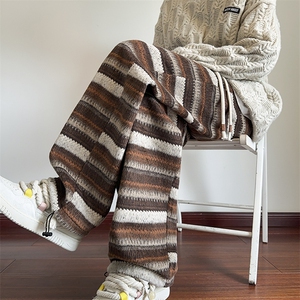 高级感休闲裤男秋季撞色拼接设计直筒弯刀裤校园风宽松显瘦阔腿裤图片