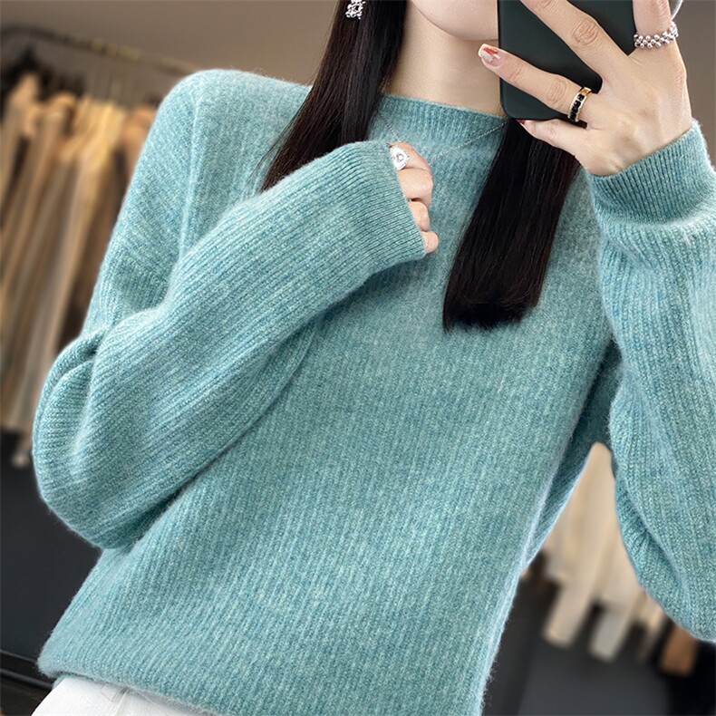 圆领套头慵懒风宽松外穿2024新款秋纯色羊毛衫女短款堆堆领,女装羊毛衫,蒙特羊绒