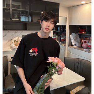 抖音得物供货210克现货宽松纯棉美式潮牌印花落肩袖纯棉T恤AT2162图片