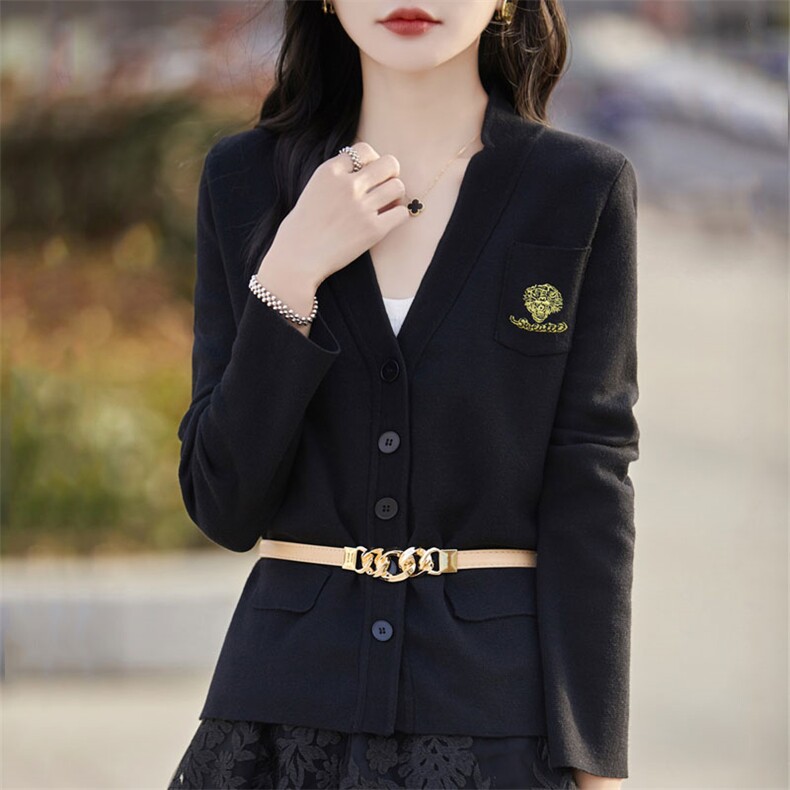 春秋新款精纺羊毛V领开衫女西装宽松百搭针织衫毛衣短款外套上衣图片
