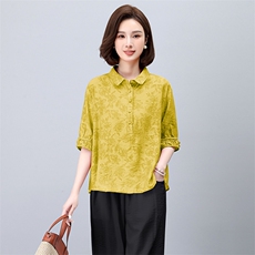 冰丝短袖衬衫女士2024夏季新款妈妈时尚休闲宽松七分裤，女装衬衫，3200格调