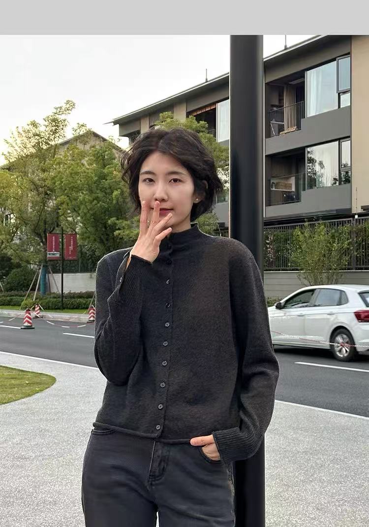 半高领卷边针织开衫时尚百搭,针织衫/毛衣,百纯羊绒