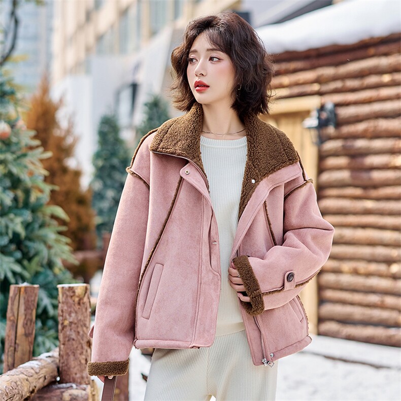粉色皮毛一体羊羔毛外套女2024冬季新款加厚保暖鹿皮绒机车服棉服,女装短外套,慕依路
