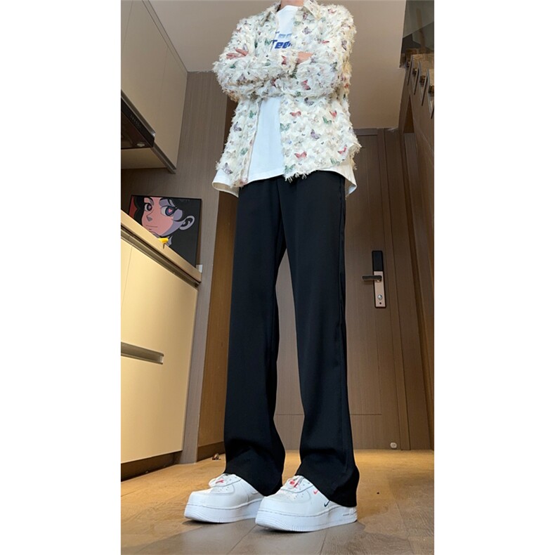 现货黑色微喇裤脚刺绣薄款凉感休闲垂坠冰丝西裤男K799-P50控78，男装西裤，星座205