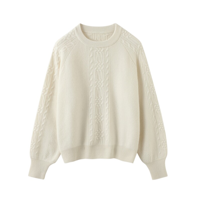 圆领绞花羊绒衫女2024年秋冬新款宽松显瘦长袖针织，女装羊绒衫，温达纯山羊绒