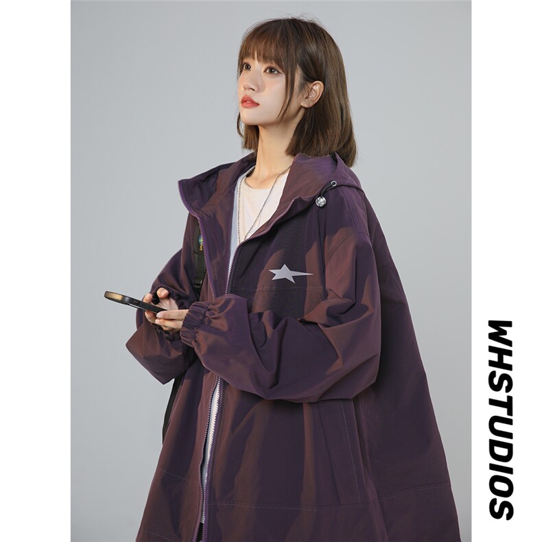 乌梅紫酱外套百搭长袖女宽松型星星夹克冲锋衣女F6381 P65控88图片
