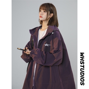 乌梅紫酱外套百搭长袖女宽松型星星夹克冲锋衣女F6381 P65控88图片
