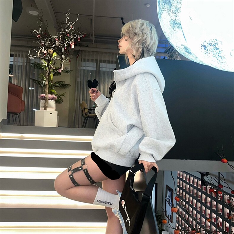 抖音得物高品质26春装美式高街重磅宽松结构高领连帽卫衣外套W60,女装短外套,电商A486