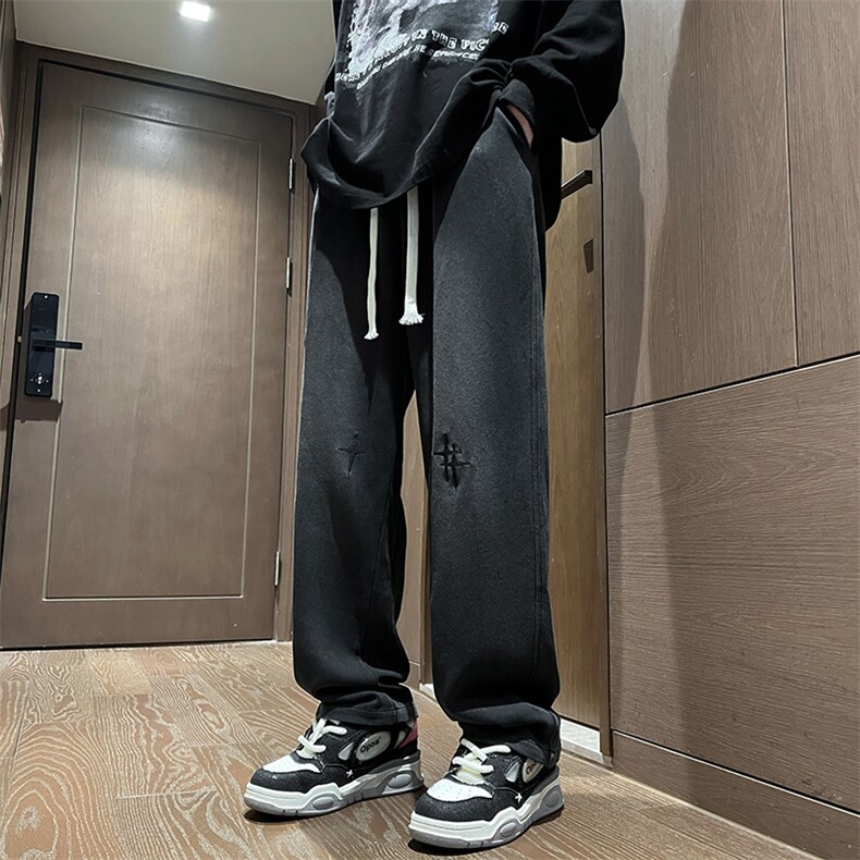港风秋冬重工绣花华棉拖地裤宽松休闲长裤男K23315-P55,男装休闲裤,星座717