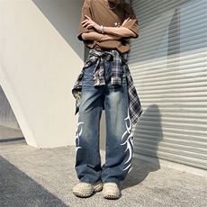 设计感撞色刀锋印花牛仔裤男女夏季新款美式宽松拖地裤潮N148-P52，男装牛仔裤，星座308B-1