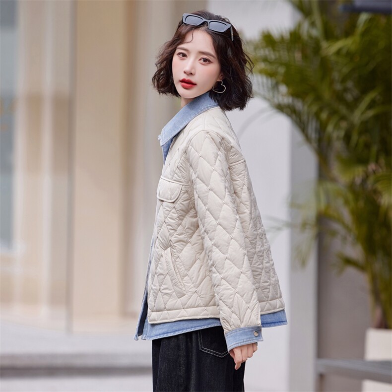 假两件牛仔拼接菱格轻薄棉服女2024冬季新款宽松百搭保暖夹棉外套,女装棉衣/棉服,靓星雨