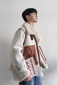 20新文艺复古拼接羊羔毛机车夹克棉服短裤外套mj231图片