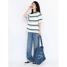 H0508-p35潮牌美式复古条纹正肩短袖t恤女夏季2026新款设计感，女装T恤，星座617A-2