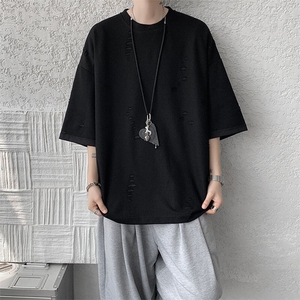 T10137-特批33  控68 开口笑高品质夏季大码短袖破洞潮流百搭T恤图片