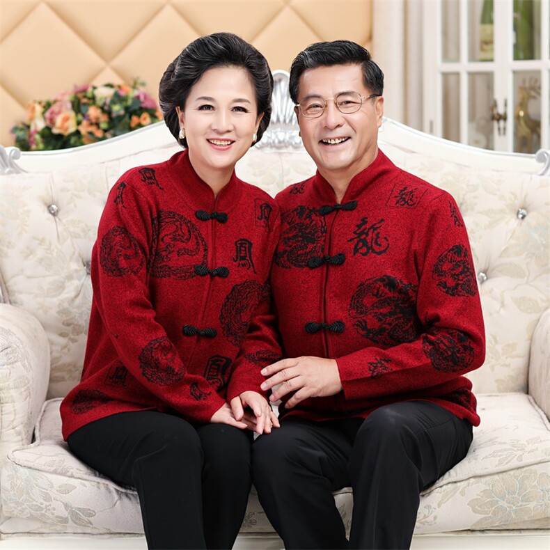 老年人情侣装加绒毛衣开衫爸爸妈妈装本命年红色爷爷奶奶唐装外套,男装中老年男装,亚东羊绒制品
