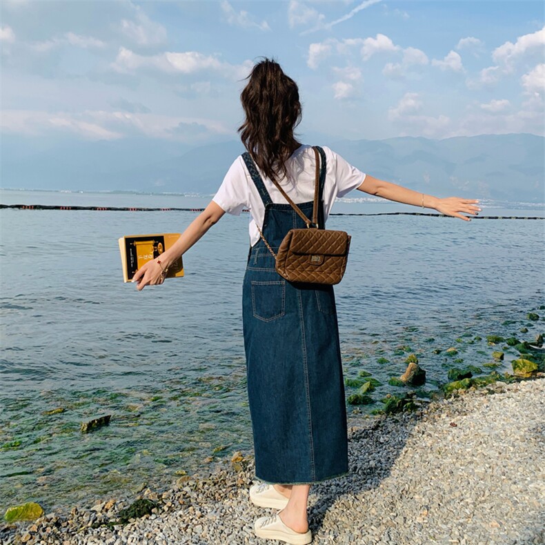 港风复古牛仔背带裙女夏季2025新款时髦炸街显瘦开叉连衣裙两件套,女装连衣裙,帛香坊