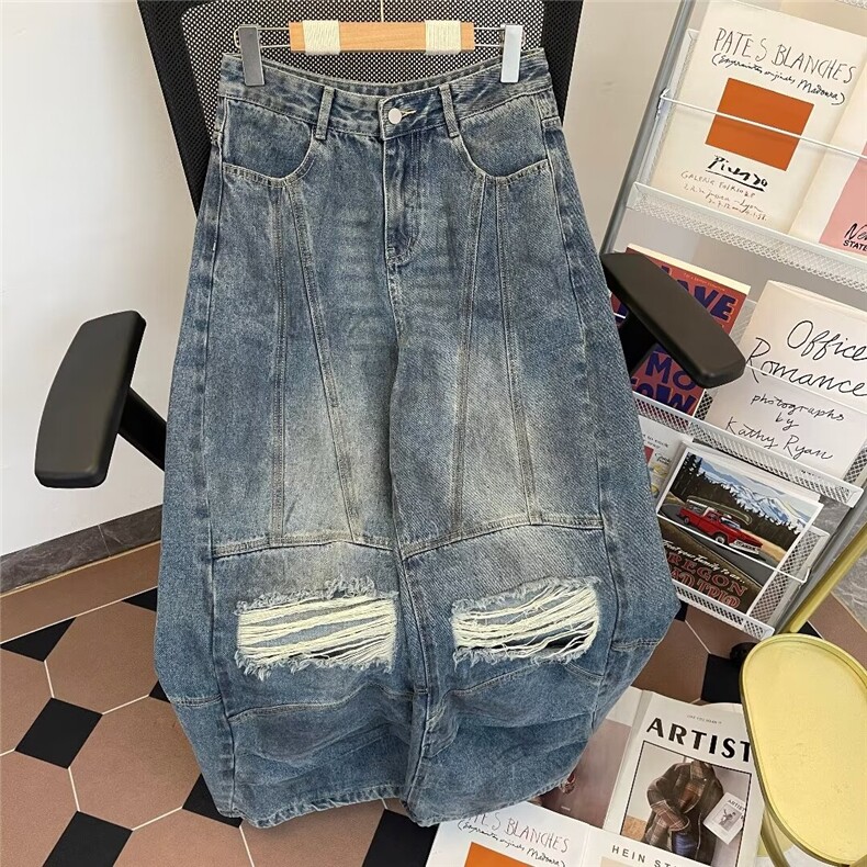得物品质秋男牛仔裤工装褶皱大口袋破洞重工长裤NK078P60,男装牛仔裤,星座1013-1