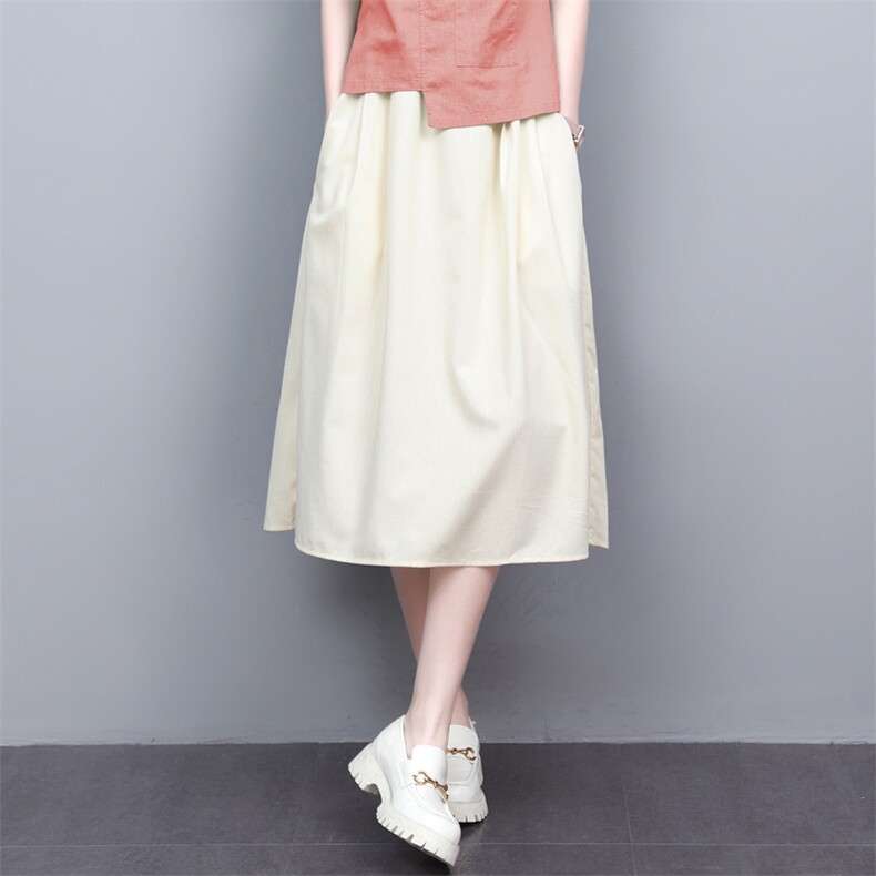 棉麻半身裙女夏薄款中年妈妈宽松遮胯显瘦松紧腰中长款时尚a字裙，女装半身裙，璐依舞